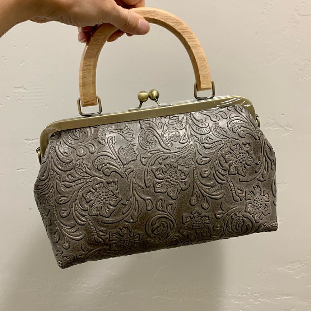 Handmade Genuine Cowhide Floral Embossed Wood Handle Kiss-lock Satchel Bag